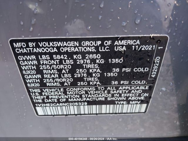 1V2HE2CA6NC205329 Volkswagen Atlas Cross Sport 3.6l V6 Se W/technology