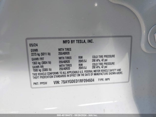 2024 TESLA MODEL Y 7SAYGDED1RF094604 Photo 8