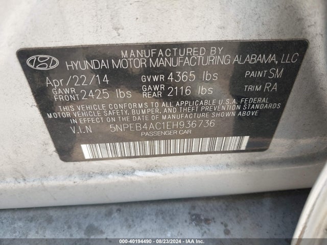 Hyundai SONATA GLS 2014 5NPEB4AC1EH936736 Image 9