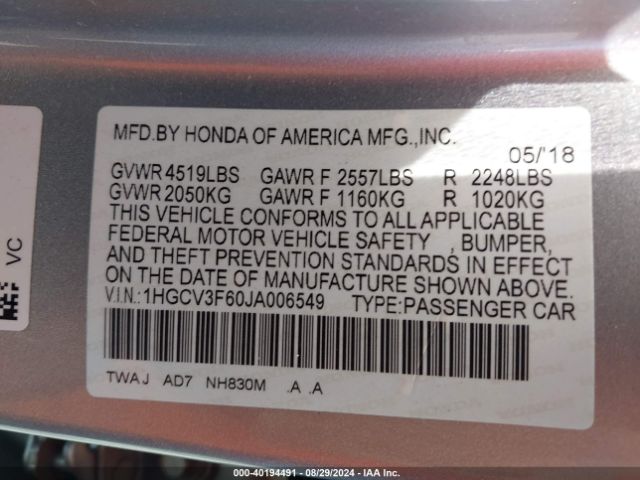 1HGCV3F60JA006549 Honda Accord Hybrid Ex-l