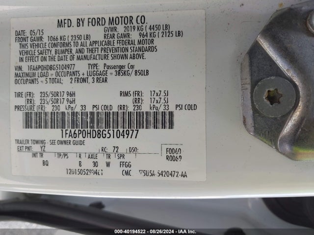 Ford FUSION SE 2016 1FA6P0HD8G5104977 Image 9