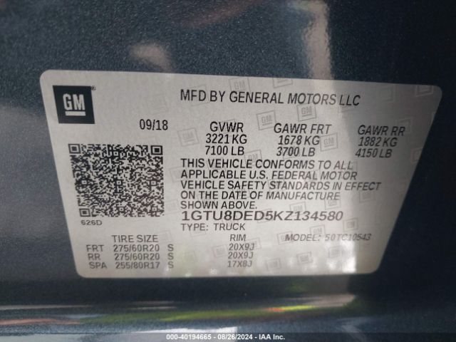 1GTU8DED5KZ134580 GMC Sierra 1500 Slt