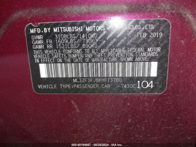 ML32F3FJ8KHF13760 Mitsubishi Mirage G4 Es