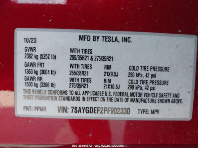 7SAYGDEF2PF902330 Tesla Model Y Awd/performance Dual Motor All-wheel Drive