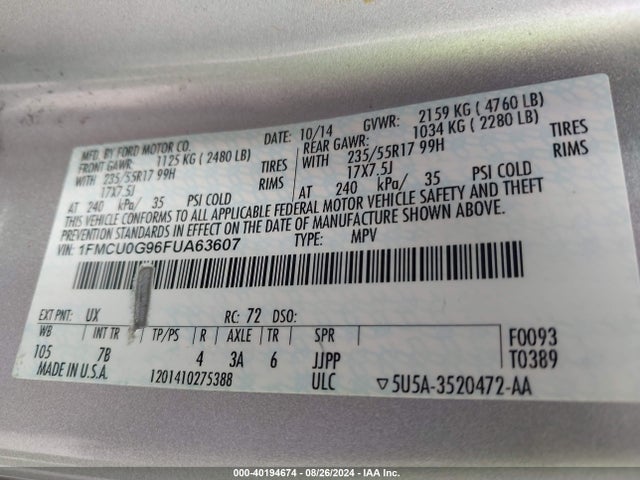 Ford ESCAPE SE 2015 1FMCU0G96FUA63607 Image 9