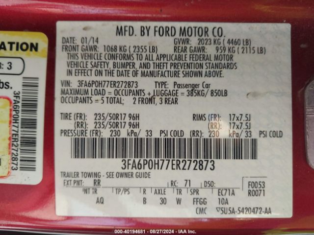 3FA6P0H77ER272873 Ford FUSION SE