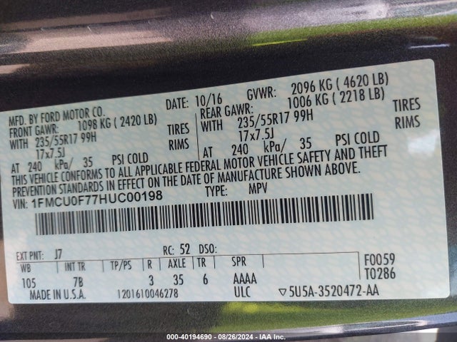 Ford ESCAPE S 2017 1FMCU0F77HUC00198 Image 9