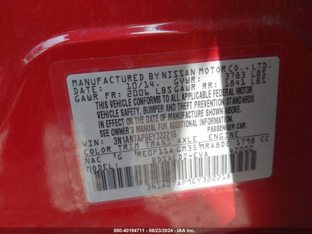 Nissan SENTRA SV 2014 3N1AB7AP9EY322218 Image 9