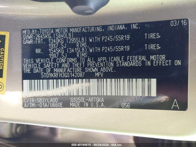 5TDYKRFH3GS142087 Toyota Highlander Limited V6