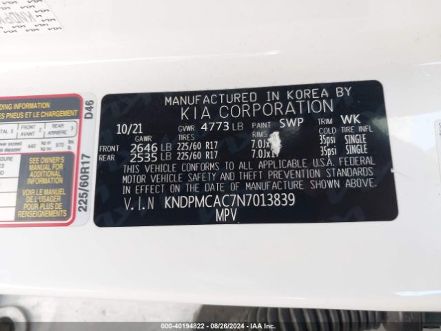 KNDPMCAC7N7013839 KIA Sportage Lx