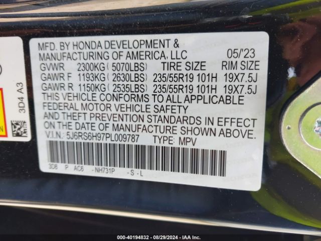 5J6RS6H97PL009787 Honda Cr-v Hybrid Sport Touring