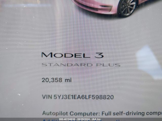 5YJ3E1EA6LF598820 Tesla Model 3 Standard Range Plus Rear-wheel Drive/standard Range Rear-wheel Drive