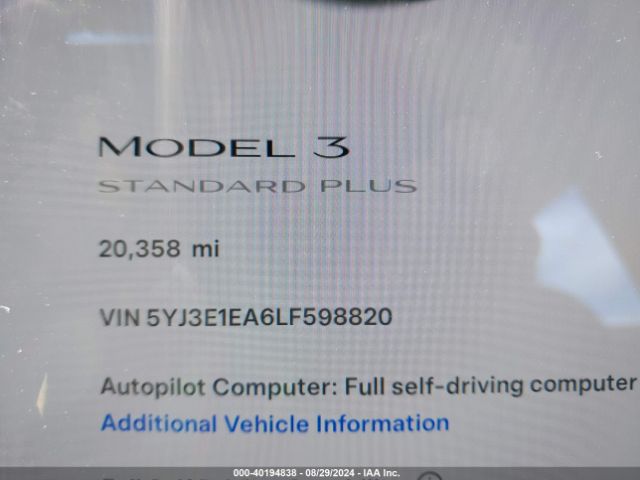 5YJ3E1EA6LF598820 Tesla Model 3 Standard Range Plus Rear-wheel Drive/standard Range Rear-wheel Drive