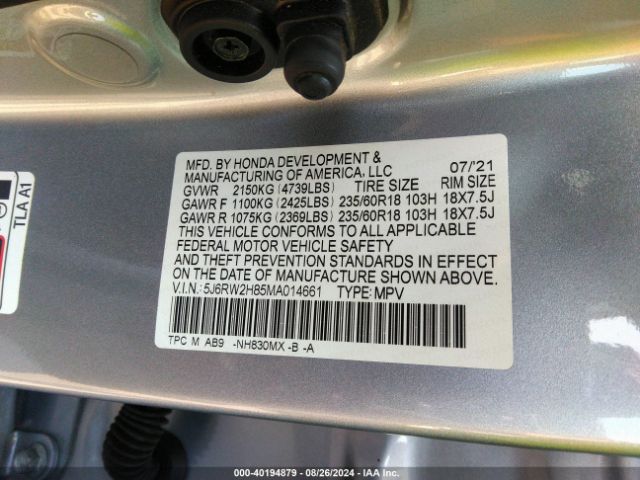 5J6RW2H85MA014661 Honda Cr-v Awd Ex-l