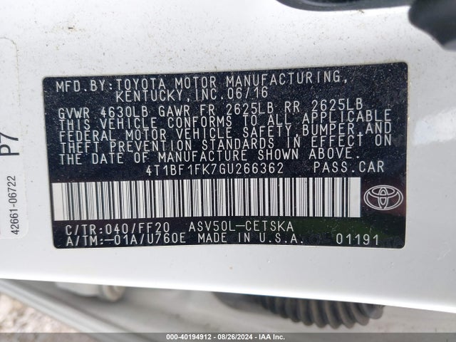 Toyota CAMRY SE 2016 4T1BF1FK7GU266362 Image 9