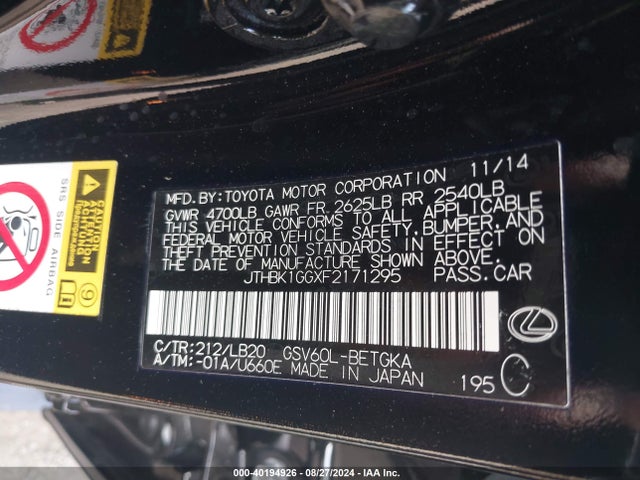 JTHBK1GGXF2171295 Lexus ES 350
