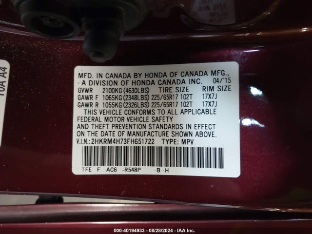 Honda Cr-v Ex-l 2015 2HKRM4H73FH651722 Image 9
