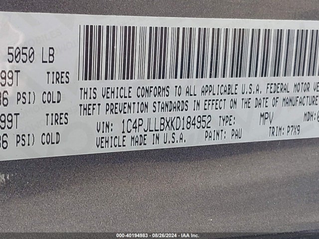1C4PJLLBXKD184952 Jeep Cherokee Latitude Plus Fwd