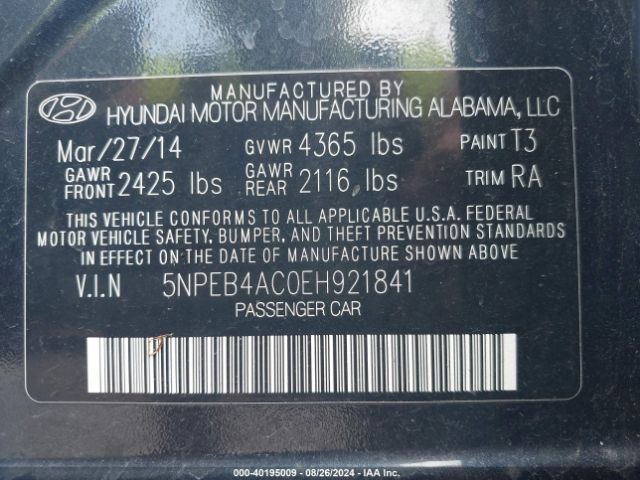 5NPEB4AC0EH921841 Hyundai SONATA GLS