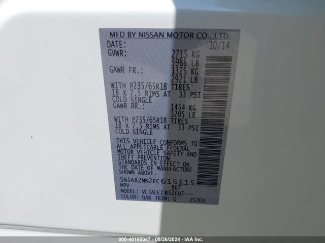 Nissan Pathfinder Sv 2015 5N1AR2MN2FC615115 Image 9