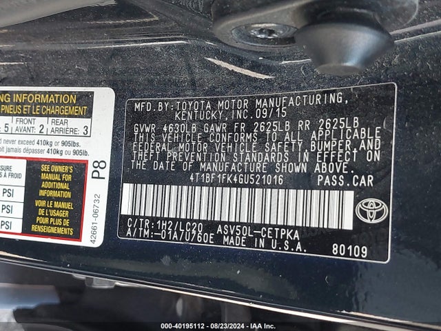 Toyota CAMRY XSE 2016 4T1BF1FK4GU521016 Image 9