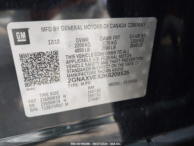 Chevrolet EQUINOX LT 2019 2GNAXVEX2K6209535 Image 9