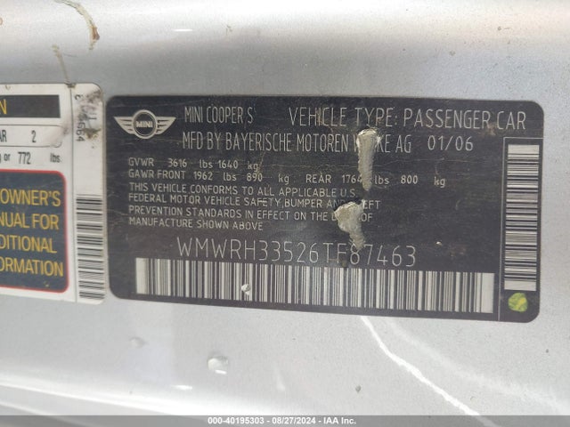 2006 MINI COOPER S WMWRH33526TF87463 Photo 8