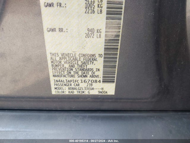 Nissan Altima 2.5 S 2015 1N4AL3AP1FC167084 Image 9