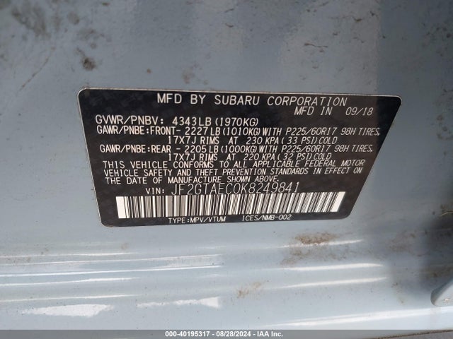 Subaru Crosstrek 2.0i Premium 2019 JF2GTAEC0K8249841 Image 9