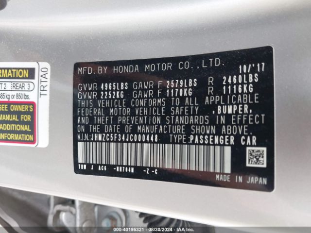 JHMZC5F34JC000448 Honda Clarity Plug-in Hybrid Touring