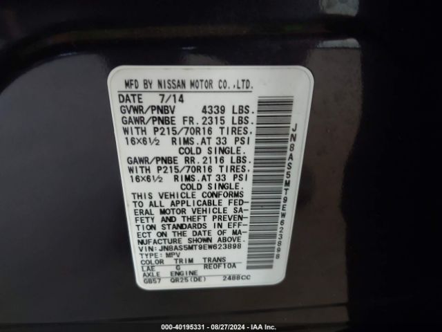 JN8AS5MT9EW623898 Nissan Rogue Select S