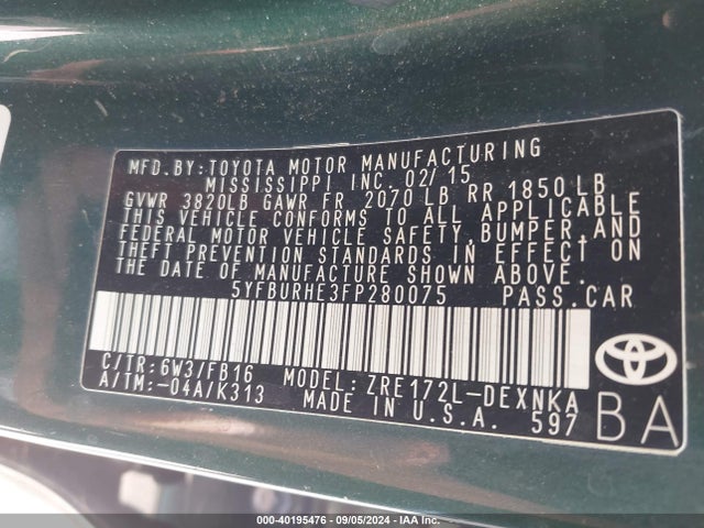 Toyota COROLLA LE 2015 5YFBURHE3FP280075 Image 9