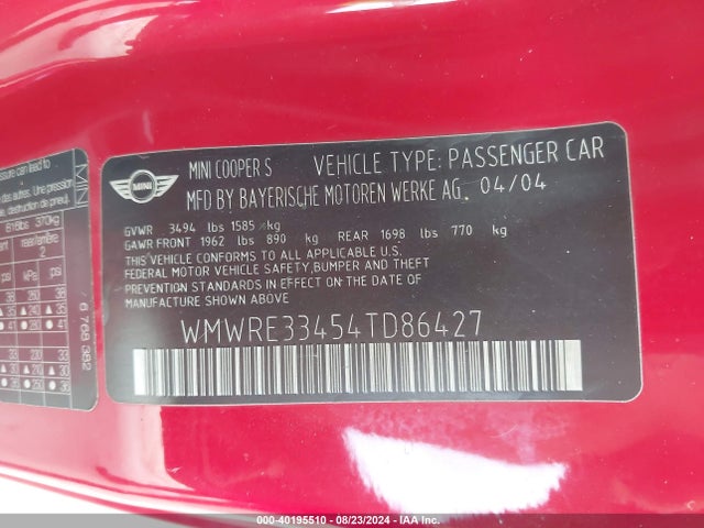 2004 MINI COOPER S WMWRE33454TD86427 Photo 8