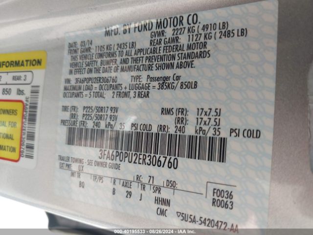 3FA6P0PU2ER306760 Ford Fusion Energi Se Luxury