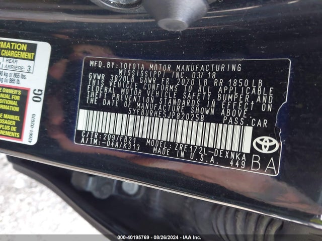 Toyota COROLLA LE 2018 5YFBURHE5JP820258 Image 9