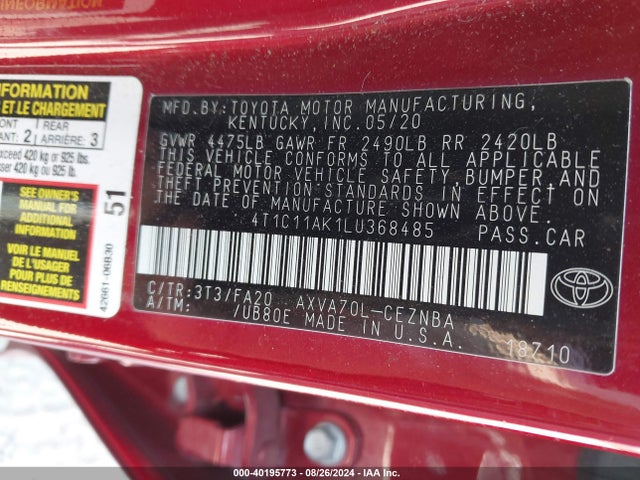 Toyota CAMRY LE 2020 4T1C11AK1LU368485 Image 9