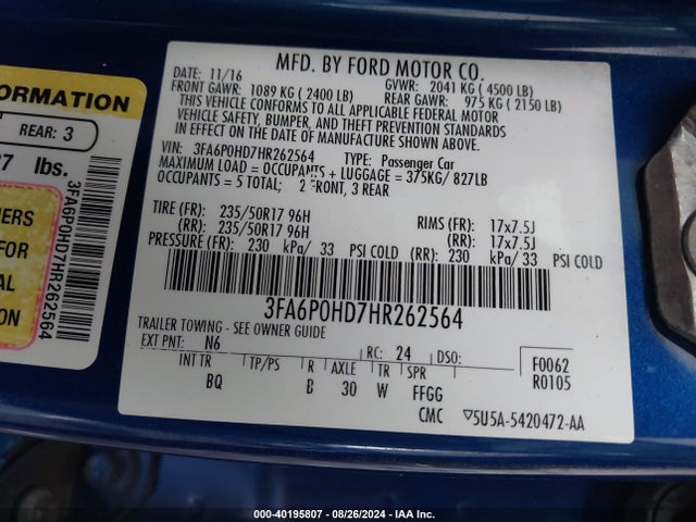 Ford FUSION SE 2017 3FA6P0HD7HR262564 Image 9