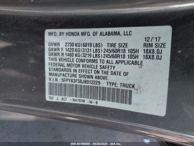 5FPYK3F58JB012229 Honda Ridgeline Rtl