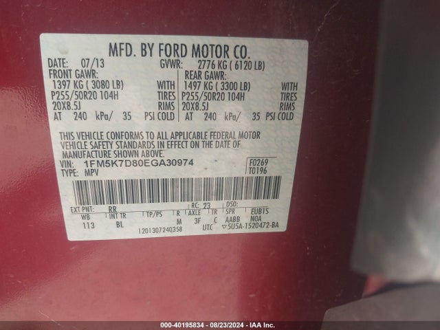 Ford EXPLORER XLT 2014 1FM5K7D80EGA30974 Image 9