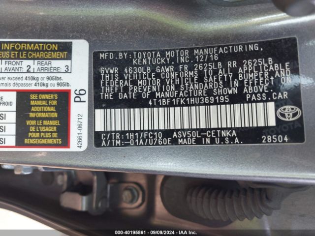 4T1BF1FK1HU369195 Toyota Camry Le/se/xle/xse