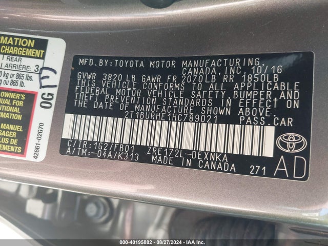Toyota COROLLA LE 2017 2T1BURHE1HC789021 Image 9