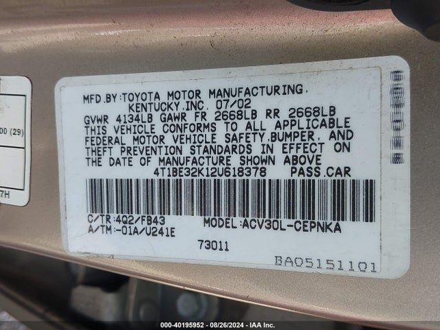 2002 Toyota Camry Le მანქანა იყიდება აუქციონზე, vin: 4T1BE32K12U618378, აუქციონის ნომერი: 40195952