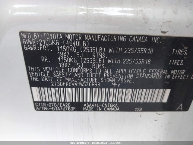 2T3DFREV4HW576898 Toyota Rav4 Platinum