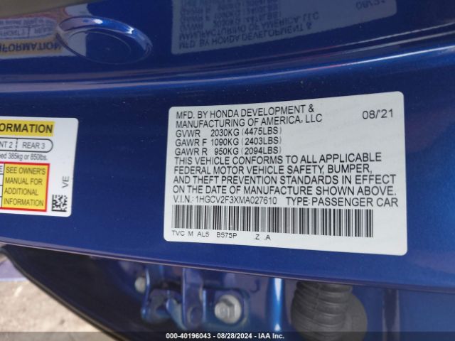 1HGCV2F3XMA027610 Honda Accord Sport 2.0t
