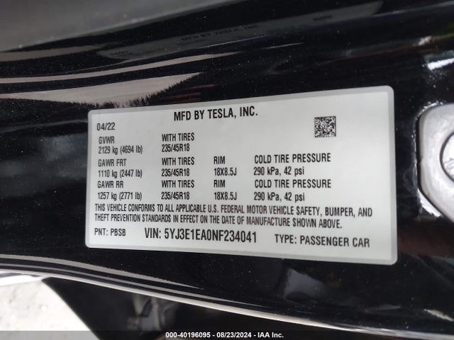 2022 TESLA MODEL 3 5YJ3E1EA0NF234041 Photo 8