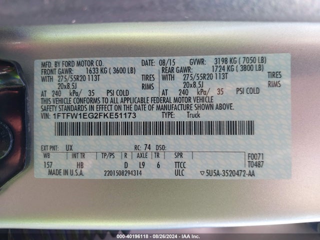 Ford F-150 Lariat 2015 1FTFW1EG2FKE51173 Image 9