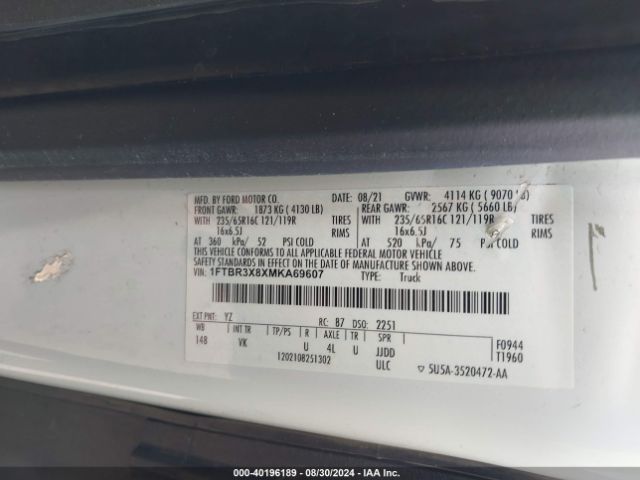 1FTBR3X8XMKA69607 Ford Transit-250 Cargo Van