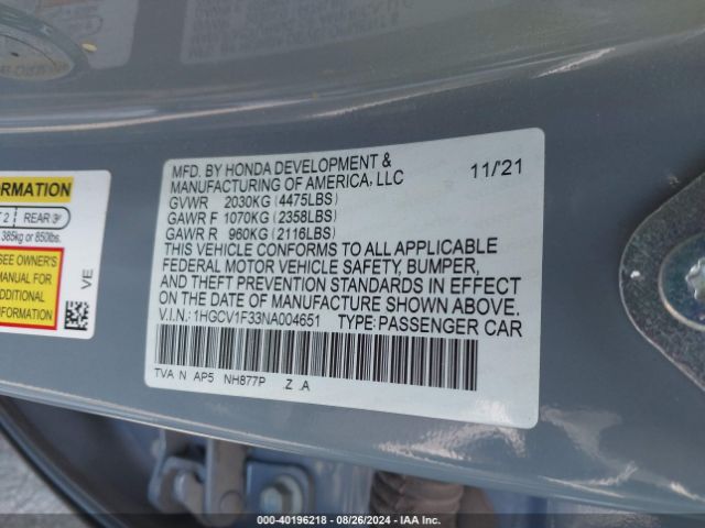 1HGCV1F33NA004651 Honda Accord Sport