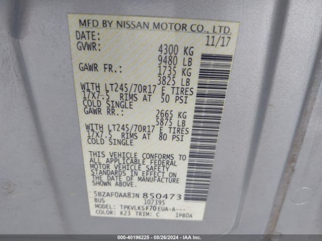 5BZAF0AA8JN850473 Nissan Nv Passenger Nv3500 Hd Sl V8
