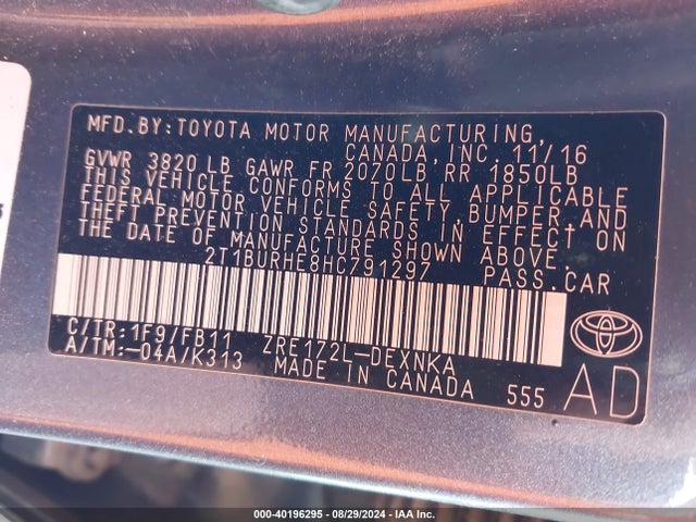 Toyota COROLLA LE 2017 2T1BURHE8HC791297 Image 9